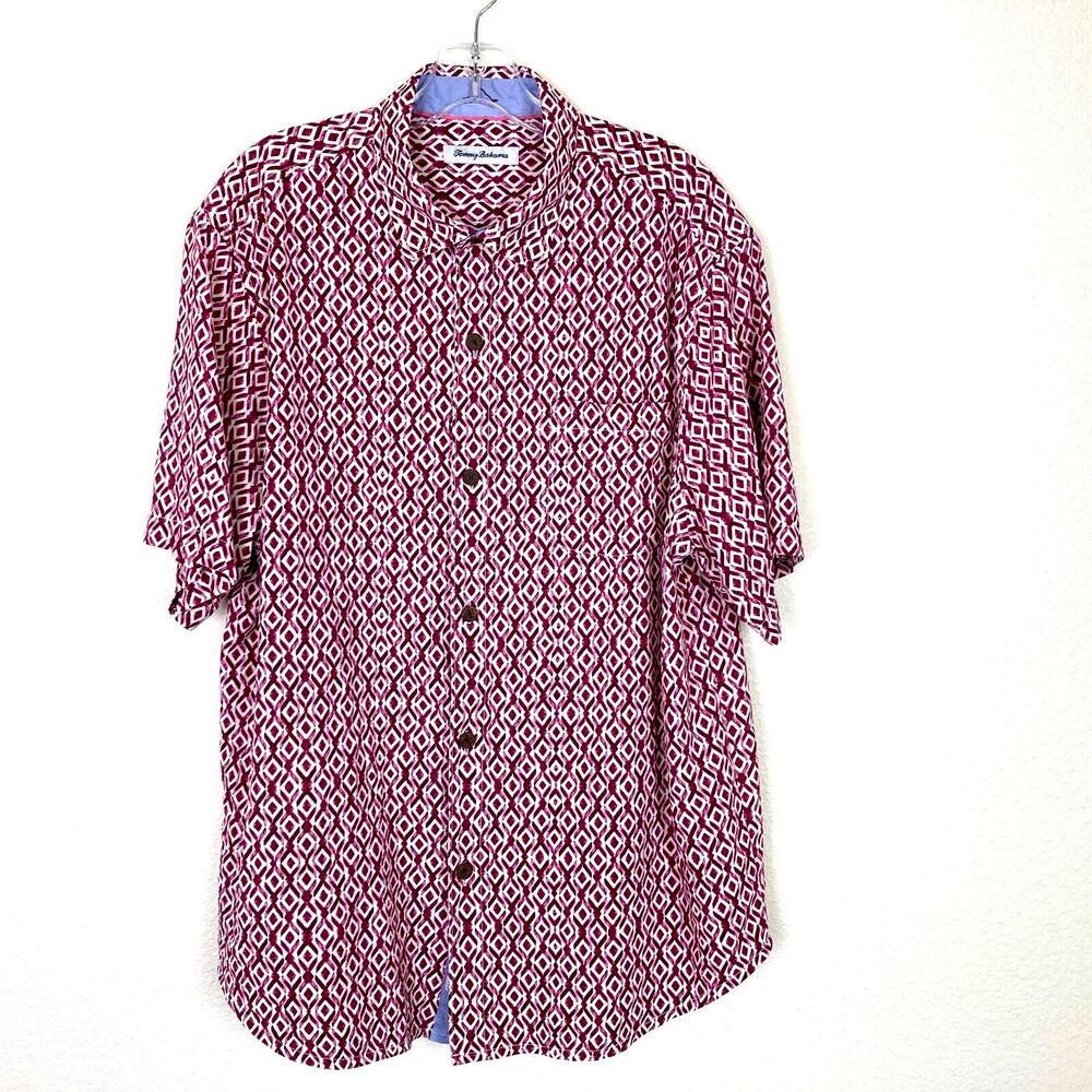 Tommy Bahama Men's Camp Shirt Size L Silk Abstract Burgundy Pink Beach Coastal